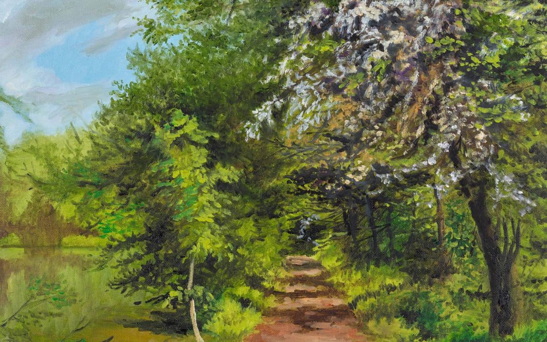 Spring on the Thames, near Sonning, Hawthorn in Bloom. 16 x 20 inch.